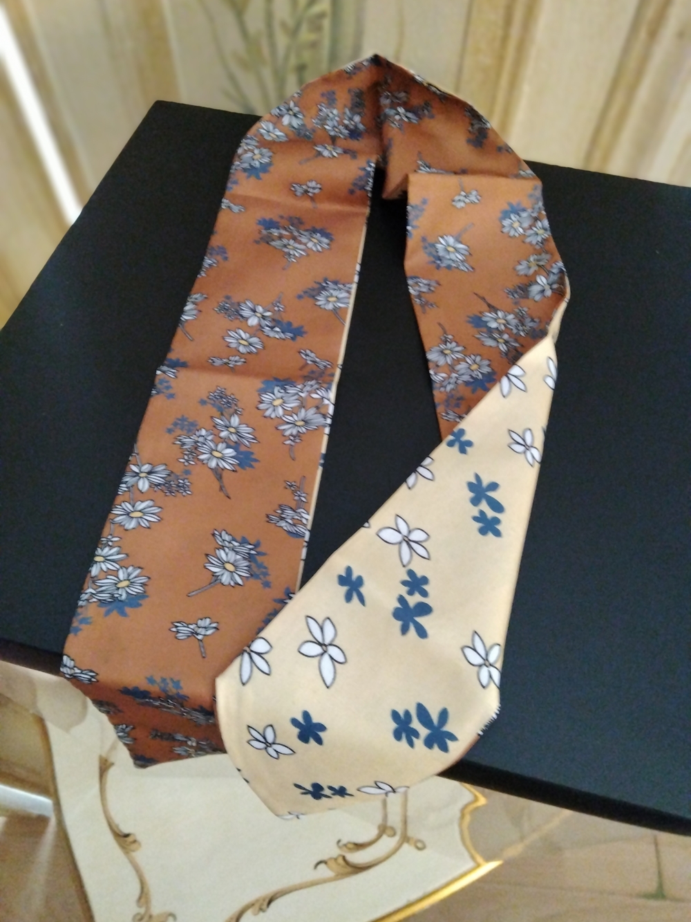 WoMen's Reversible Skinny Floral Silky Scarf - Brown and Cream